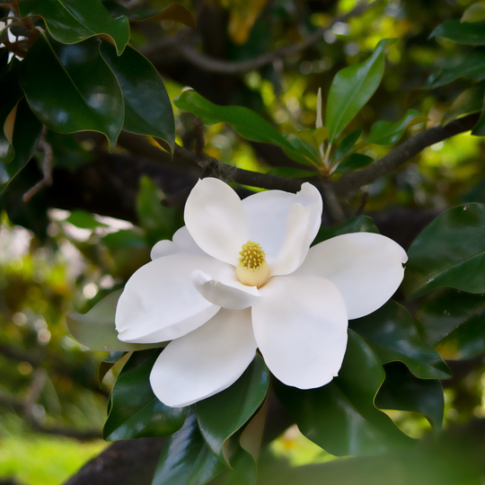 Close-up of a large white Southern Magnolia flower surrounded by glossy green leaves